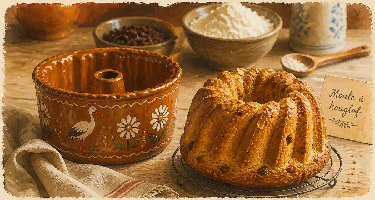 moule kouglof en terre cuite émaillée avec kouglof doré sorti du four