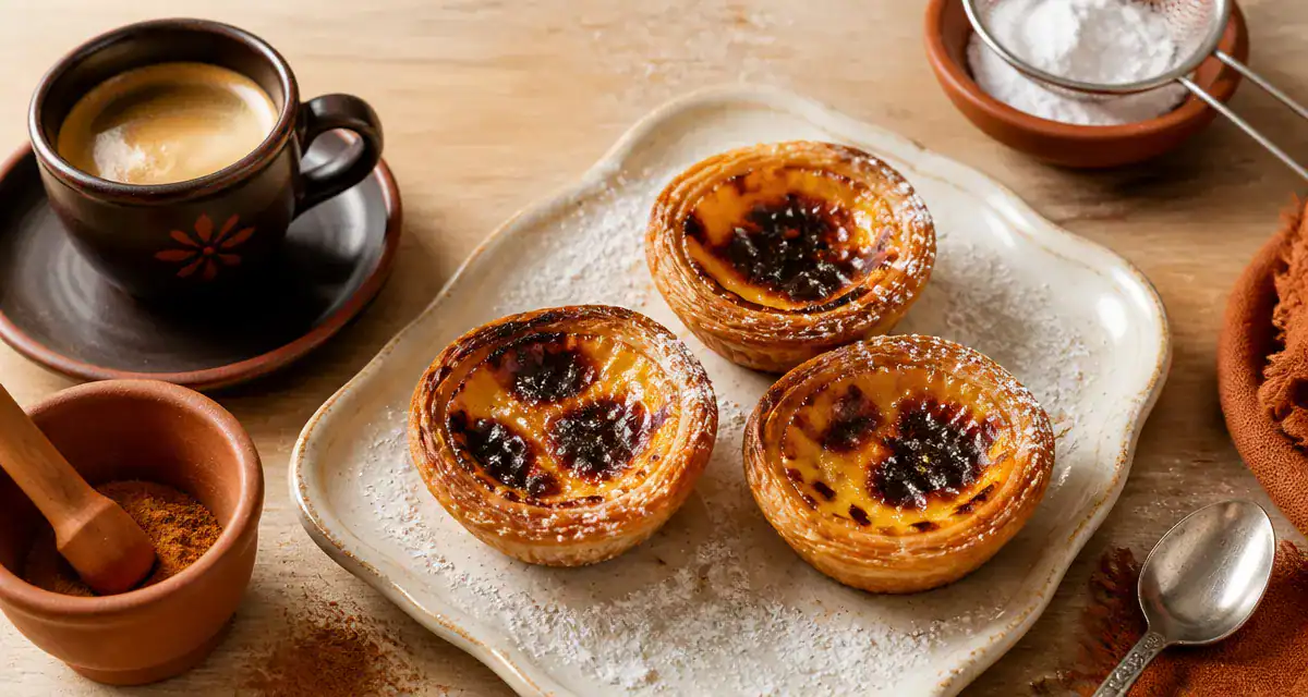 Pasteis de nata lisbonne tièdes, dessus caramélisé, table bois clair