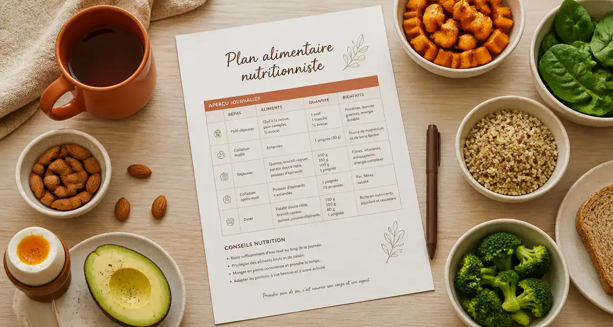 plan alimentaire nutritionniste pdf avec aliments frais sur table
