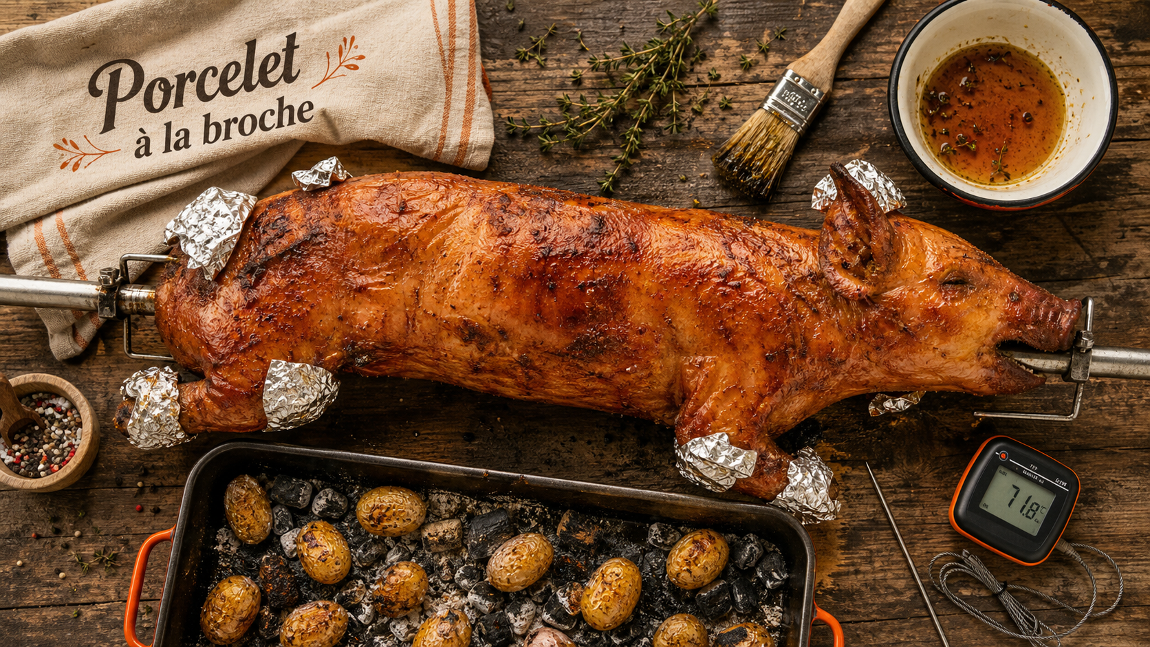 Porcelet a la broche entier, peau dorée et croustillante sur table en bois