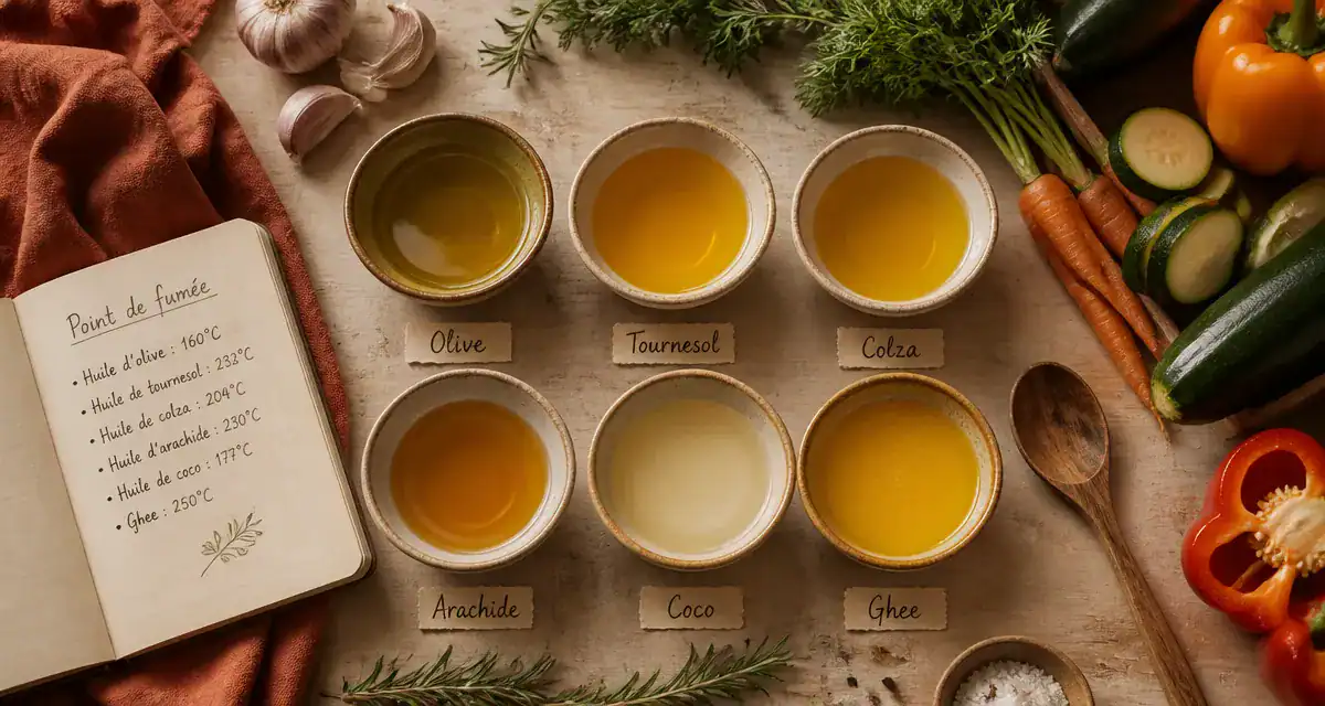 quelle huile pour la cuisson huiles et légumes sur plan de travail