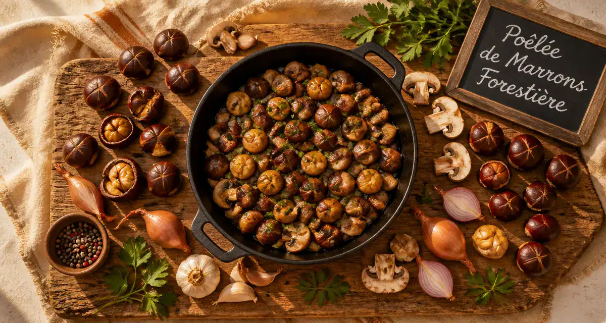 recette marron poêlée champignons planche bois