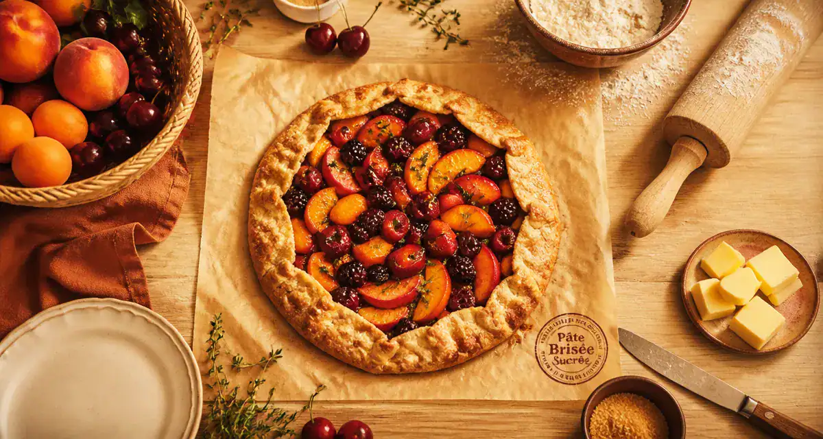 Recette sucrée avec pâte brisée, tarte rustique aux fruits vue en plongée