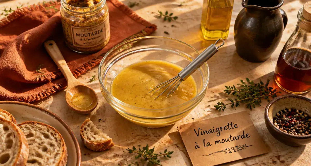 vinaigrette moutarde dans un bol sur table en bois
