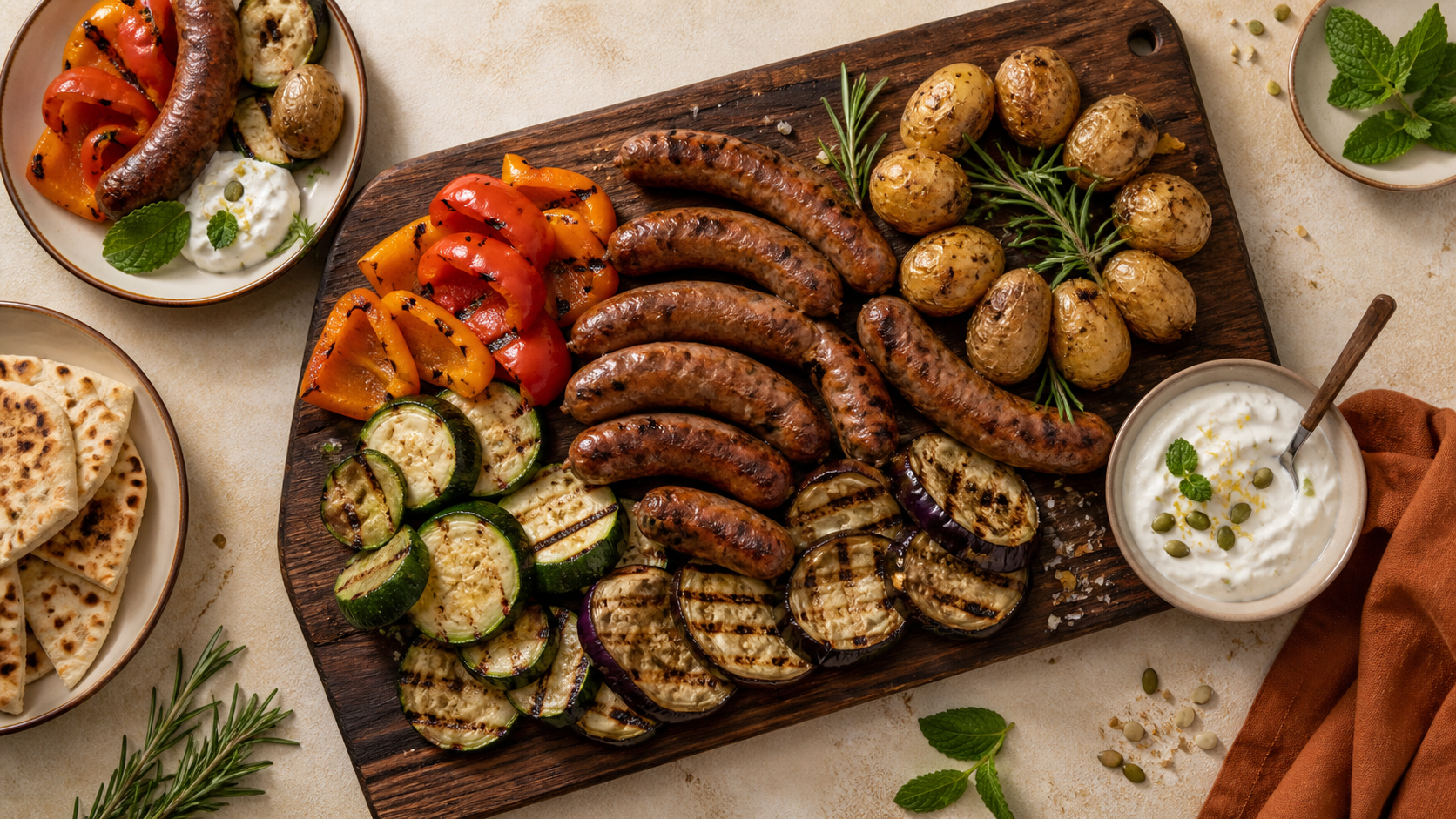 Accompagner merguez : merguez grillées et légumes, sauce yaourt menthe-citron