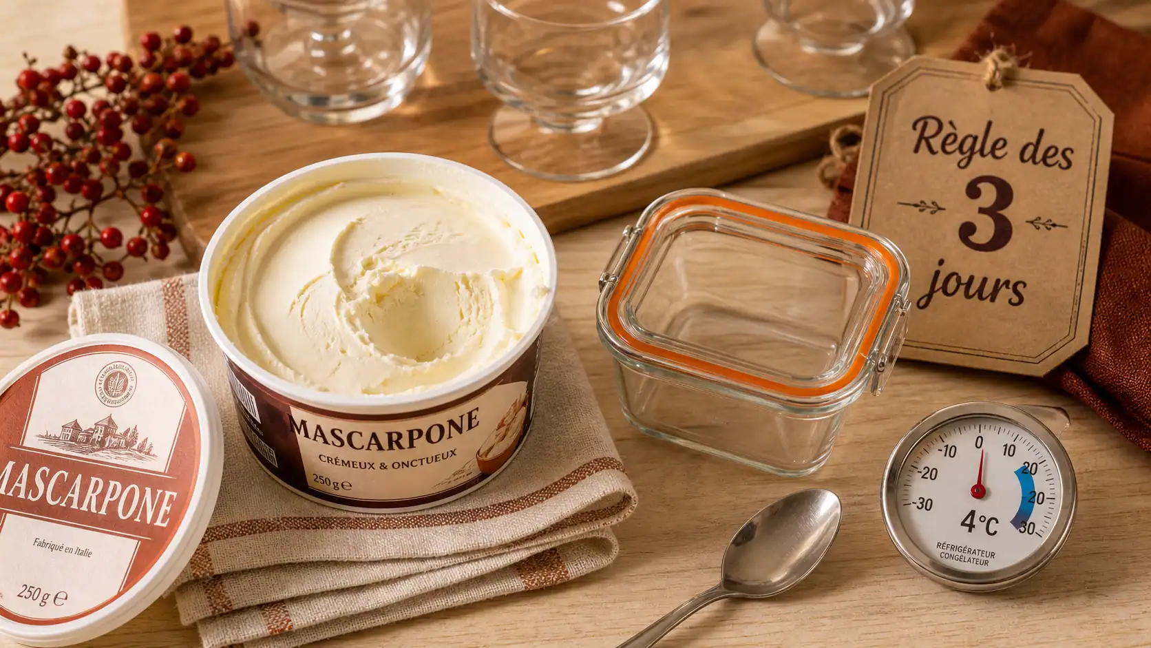 Conservation mascarpone ouvert : pot au frigo à 4°C, 3 jours