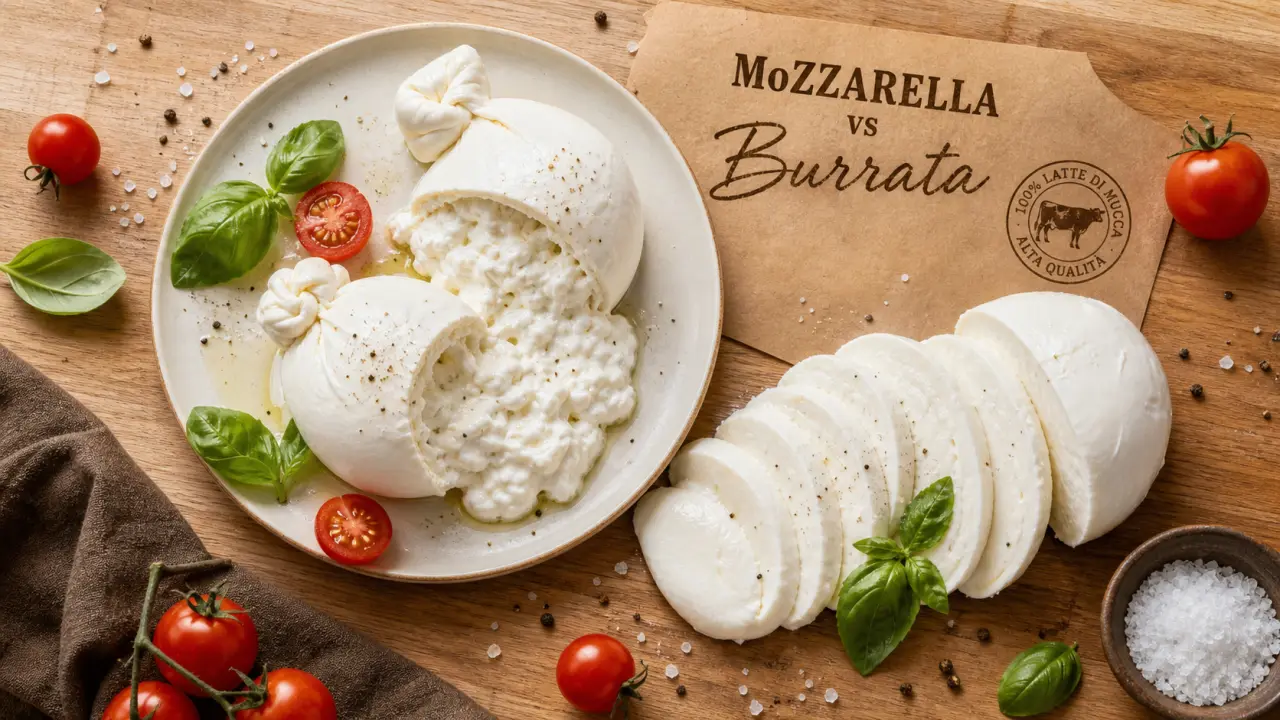Différence entre mozzarella et burrata : mozzarella en tranches et burrata crémeuse