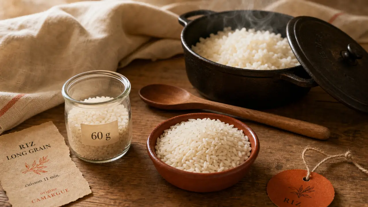 Dose de riz pour une personne : 60 g de riz cru, ajustements selon le plat