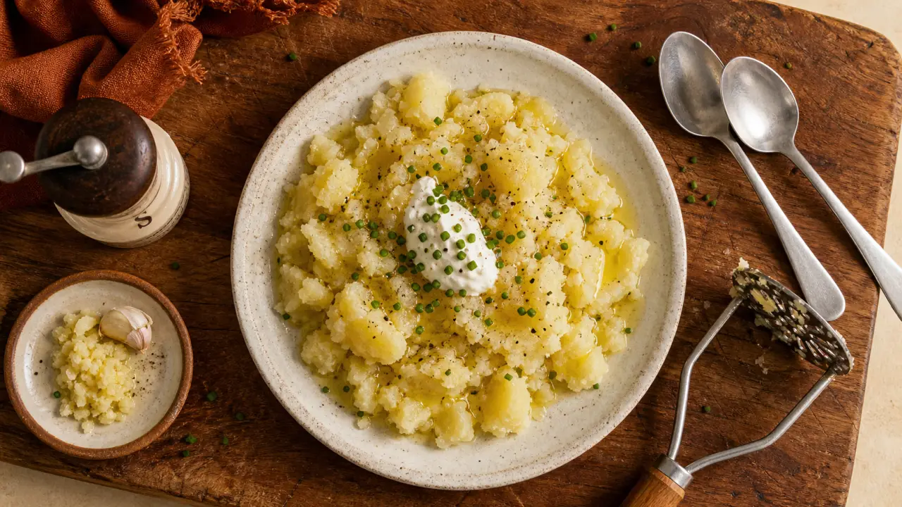 Ecrase de pomme de terre chaud, huile d’olive et ciboulette