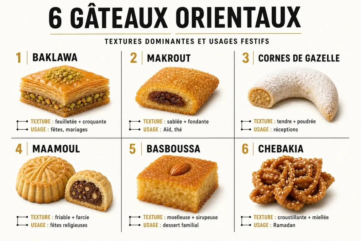 Gâteau oriental : panorama des pâtisseries orientales les plus connues avec leurs textures et leurs usages festifs