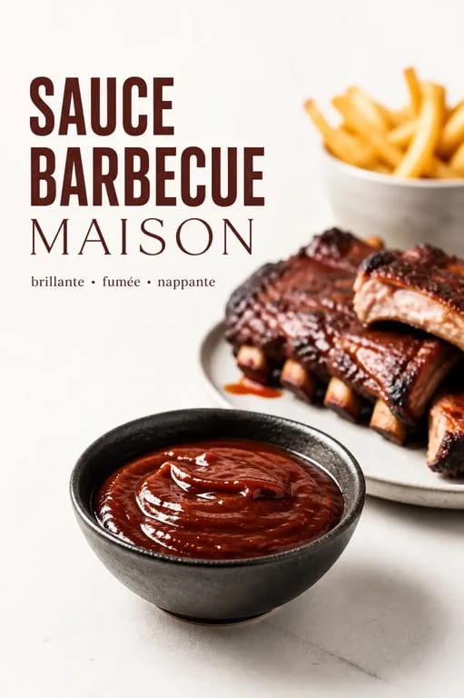 Sauce barbecue recette maison servie dans un bol, texture brillante et nappante avec ribs grillés en accompagnement