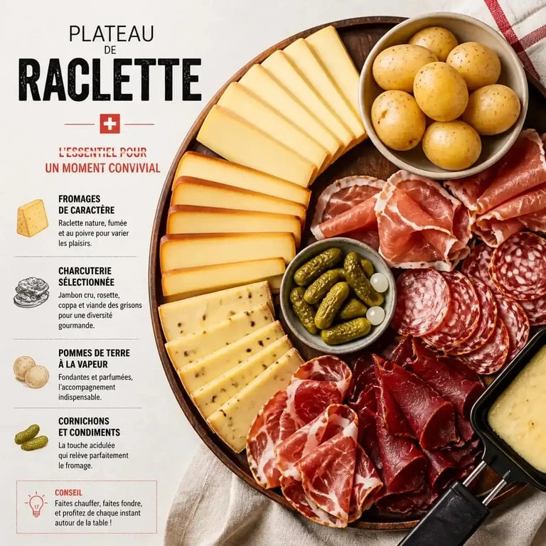 Plateau de raclette avec fromage, charcuterie et pommes de terre pour calculer combien de fromage par personne