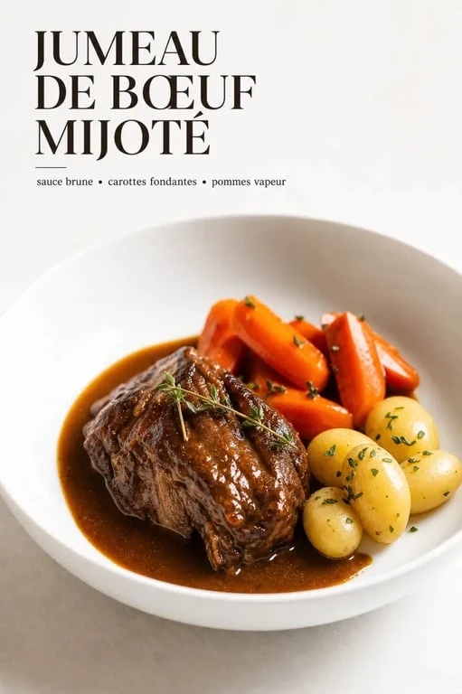 Recette jumeau de boeuf mijoté aux carottes en assiette, sauce brune nappante