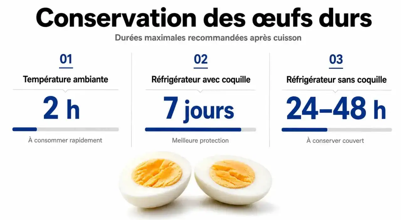 Infographie sur la durée de conservation des œufs durs à température ambiante et au réfrigérateur