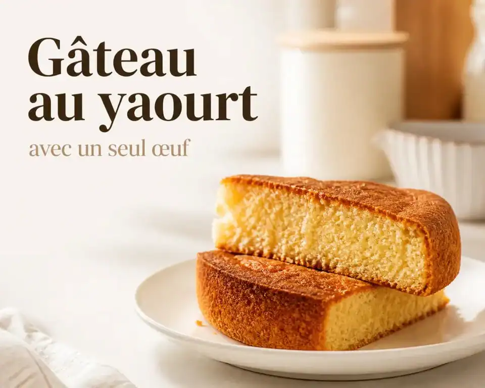 Gâteau avec un oeuf moelleux au yaourt, présenté en tranches sur une assiette blanche