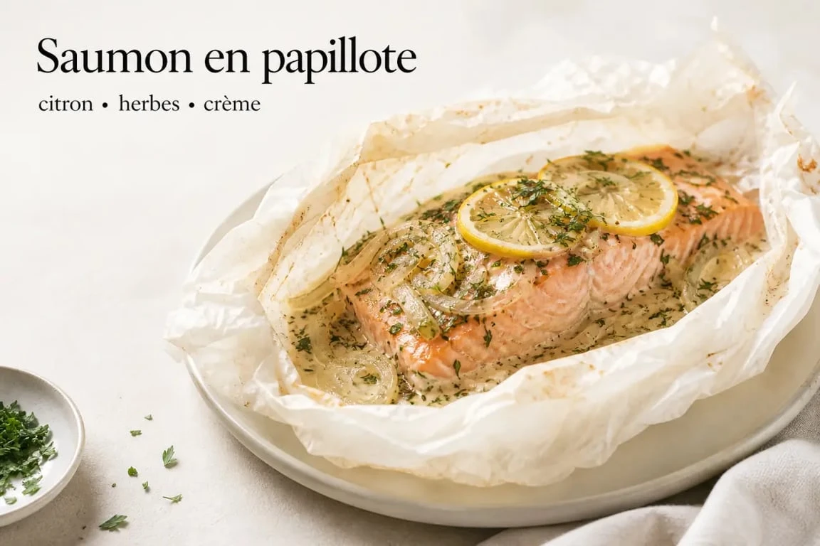 Saumon en papillote au four aluminium, pavé tendre avec citron et herbes dans une assiette dressée