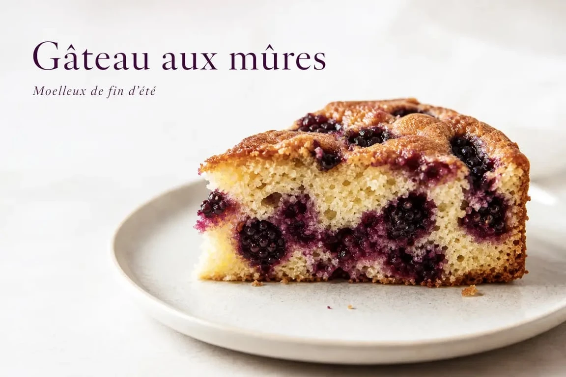 Gâteau aux mûres maison moelleux et fondant servi sur une assiette