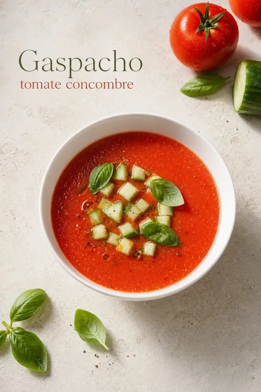 Recette gaspacho tomate concombre servie dans un bol blanc avec basilic et dés de concombre