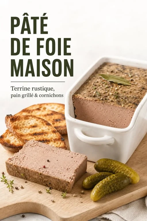 Recette du paté de foie maison rustique tranché en terrine avec pain grillé et cornichons