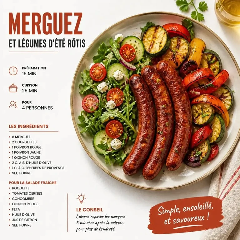 Assiette gourmande de merguez grillées accompagnées de légumes d'été pour accompagner vos merguez