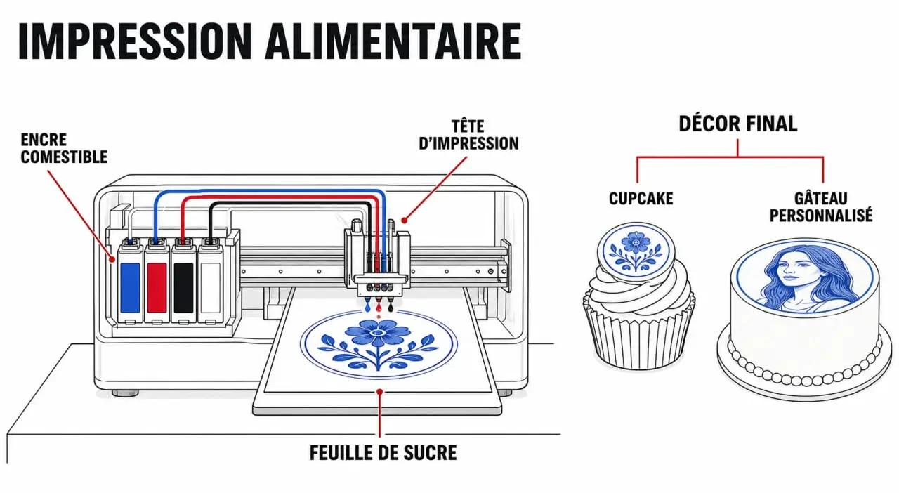Imprimante alimentaire en fonctionnement avec feuille de sucre et décor de gâteau