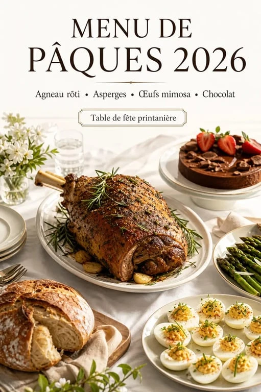 Menu paques 2026 sur une table de fête avec gigot d’agneau, asperges, œufs mimosa et dessert au chocolat