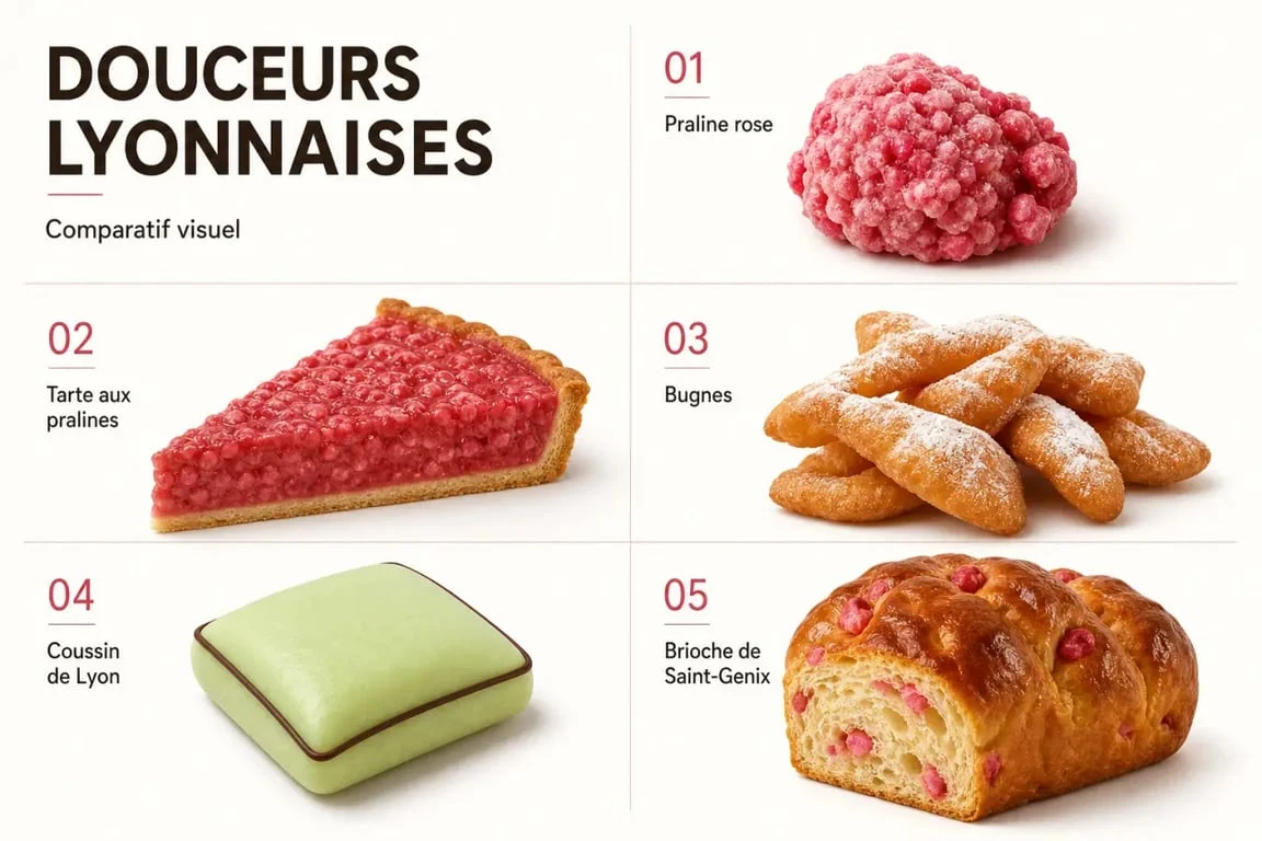 Spécialité lyonnaise sucré : comparaison visuelle de la praline rose, de la tarte aux pralines, des bugnes, du coussin de Lyon et de la brioche de Saint-Genix