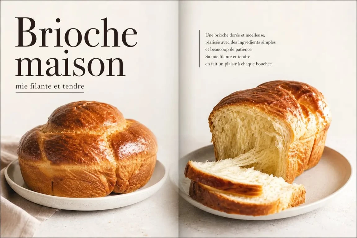 Recette brioche facile sans machine : brioche maison dorée et moelleuse sur assiette avec mie filante