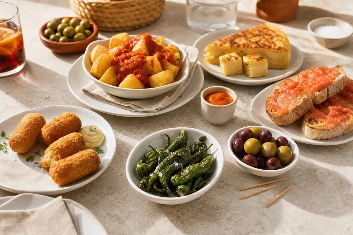 Assortiment de tapas espagnols sur une table conviviale avec patatas bravas, tortilla et pan con tomate