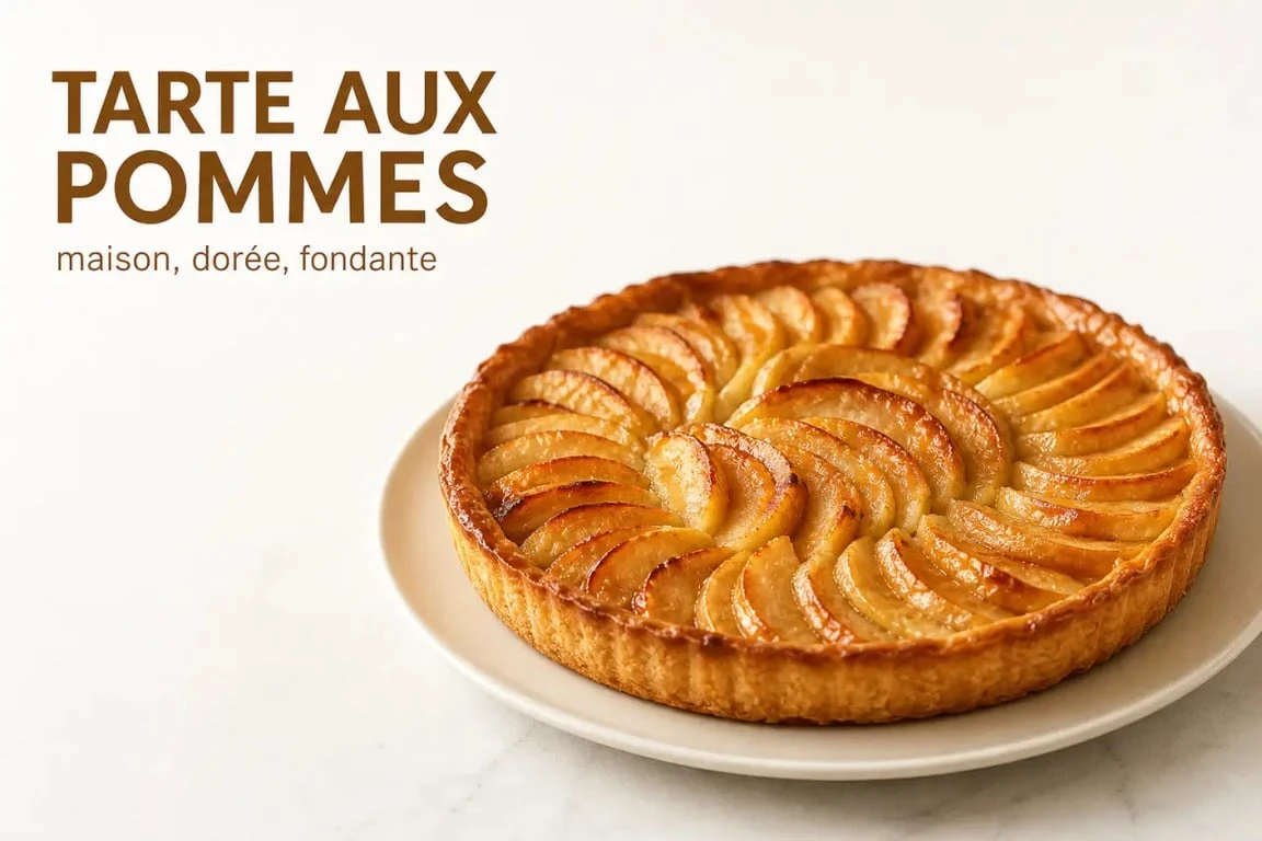 Recette tarte sucrée aux pommes maison dorée et fondante sur assiette