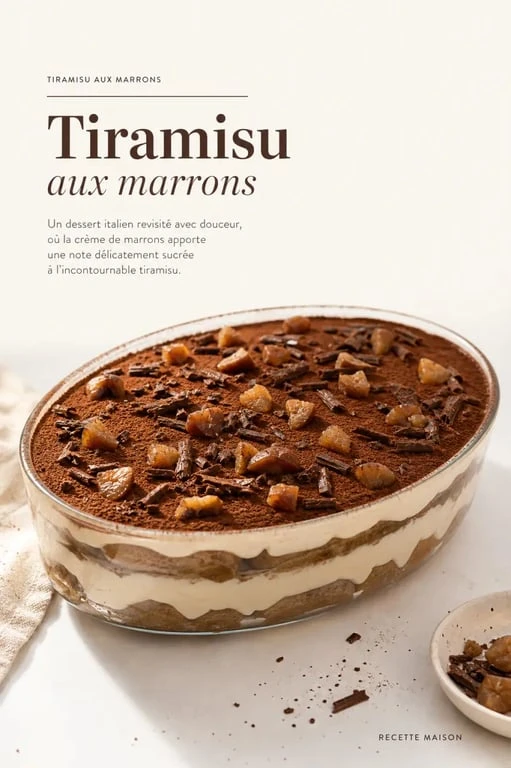 Recette tiramisu aux marrons crémeux en plat, avec cacao et éclats de marrons glacés