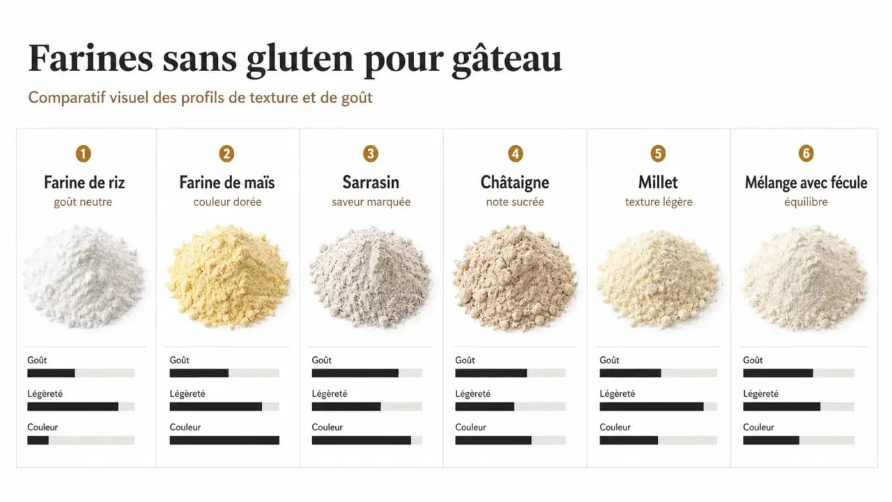 Quelle farine sans gluten pour gâteau : comparatif visuel des farines de riz, maïs, sarrasin, châtaigne, millet et mélange avec fécule