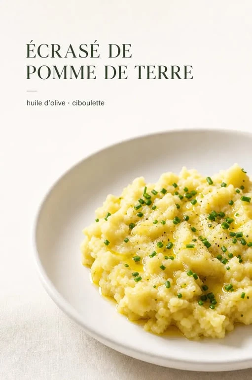 Écrase de pomme de terre rustique servi en assiette avec ciboulette et filet d’huile d’olive