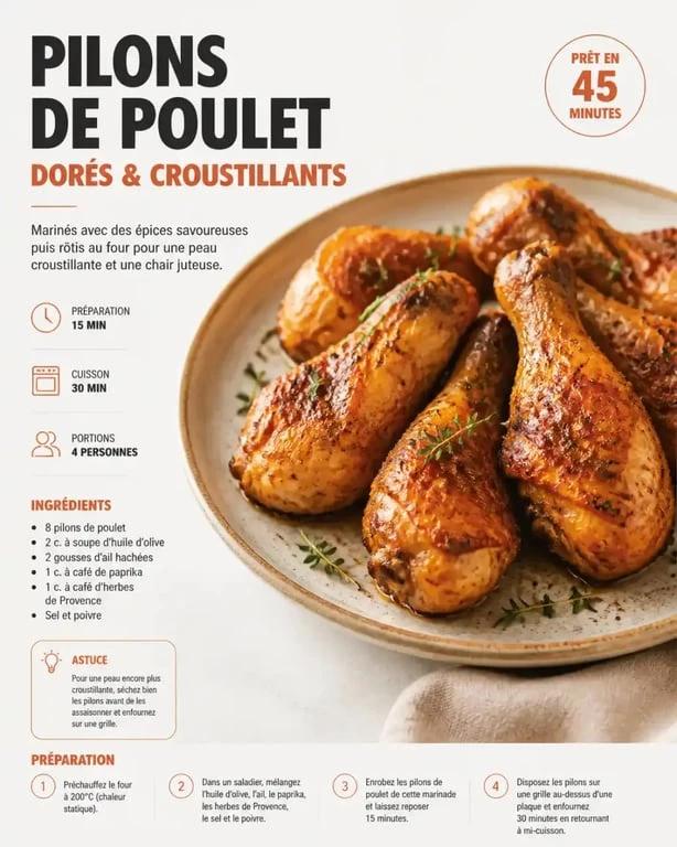 Pilons de poulet dorés et croustillants, parfaits pour le temps de cuisson idéal.
