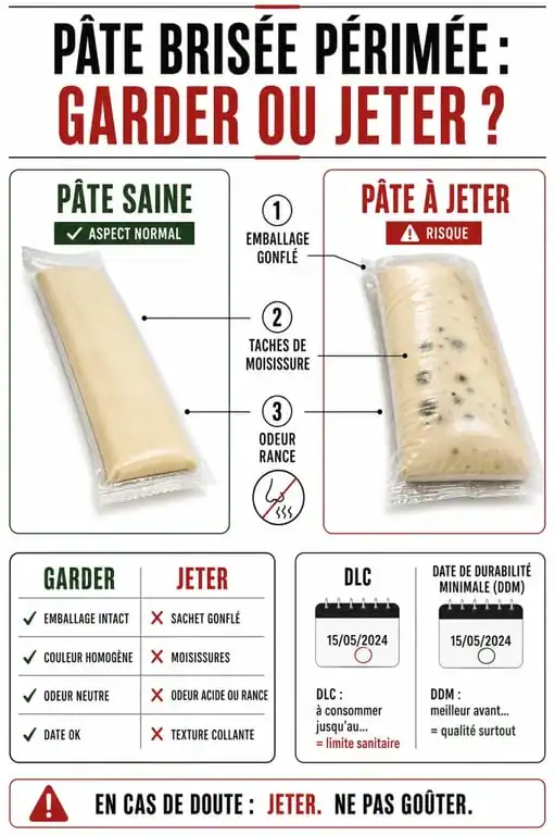 pate brisee perimee : infographie des signes d’alerte et des critères pour décider de consommer ou jeter