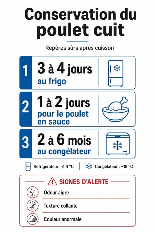 Poulet cuit combien de temps au frigo : infographie des durées de conservation et des signes d’alerte
