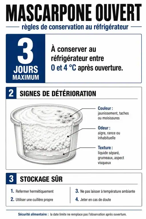 Infographie sur la conservation du mascarpone ouvert et les signes de détérioration
