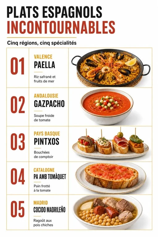 Infographie sur les plats espagnols incontournables par région