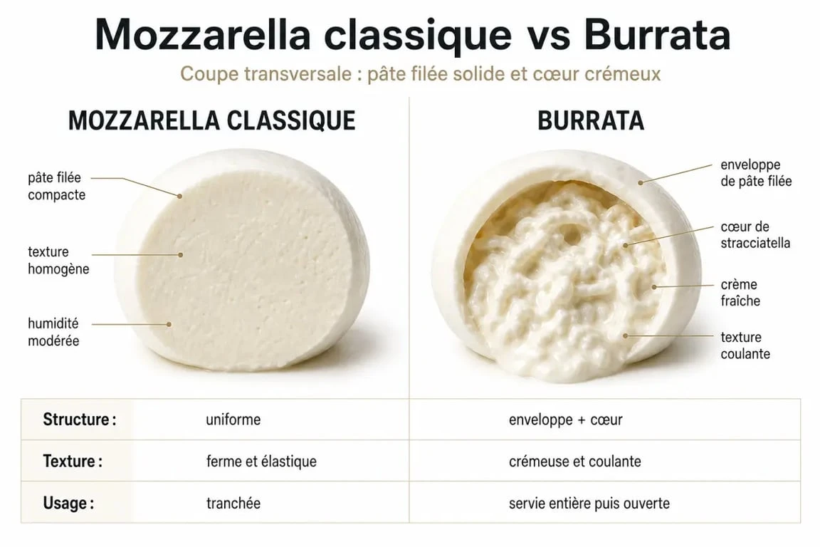 Différence entre mozzarella et burrata : coupe transversale illustrant la structure interne