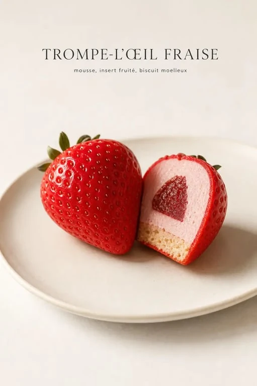Trompe l oeil fraise en dessert individuel réaliste avec intérieur mousse et insert à la découpe