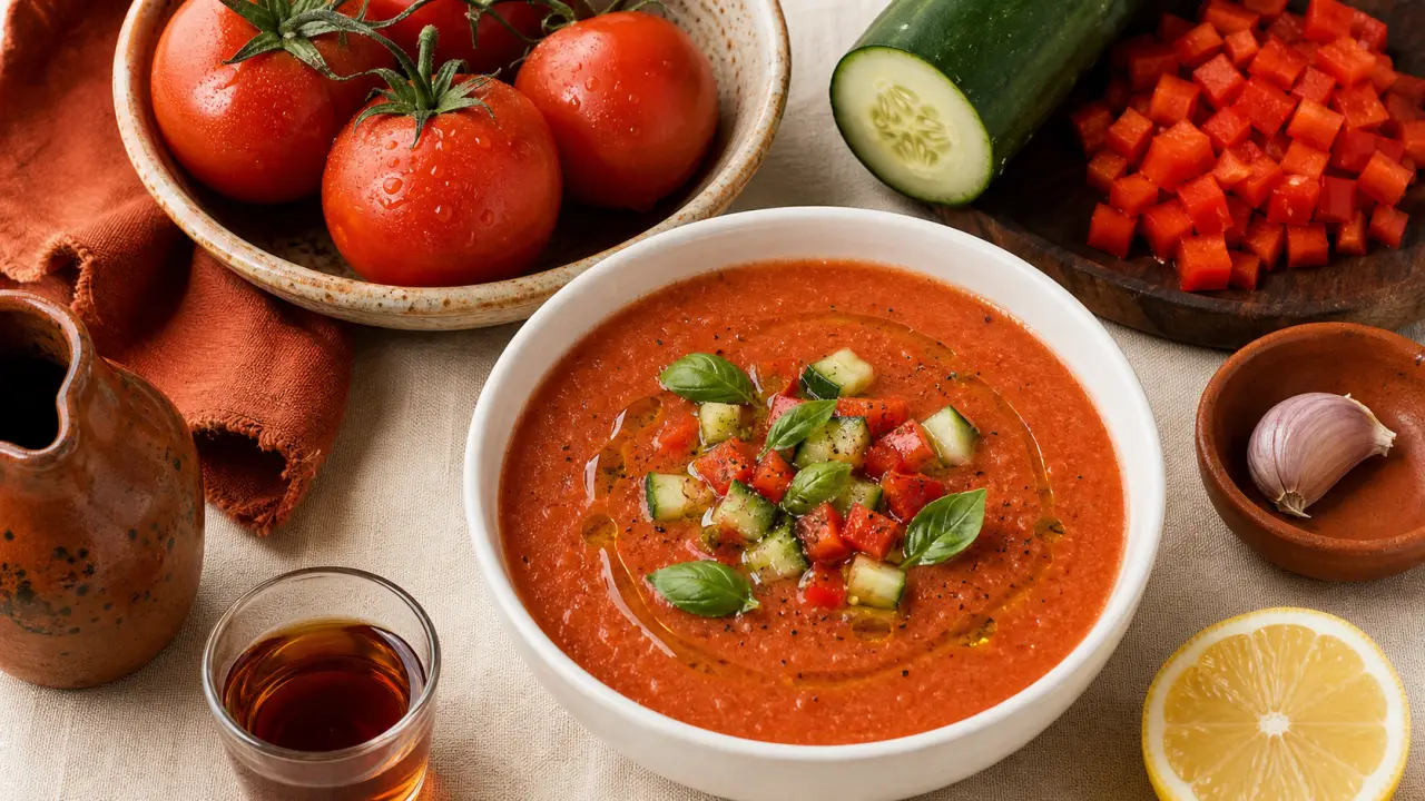 Gaspacho tomate concombre velouté, bol et garniture fraîche