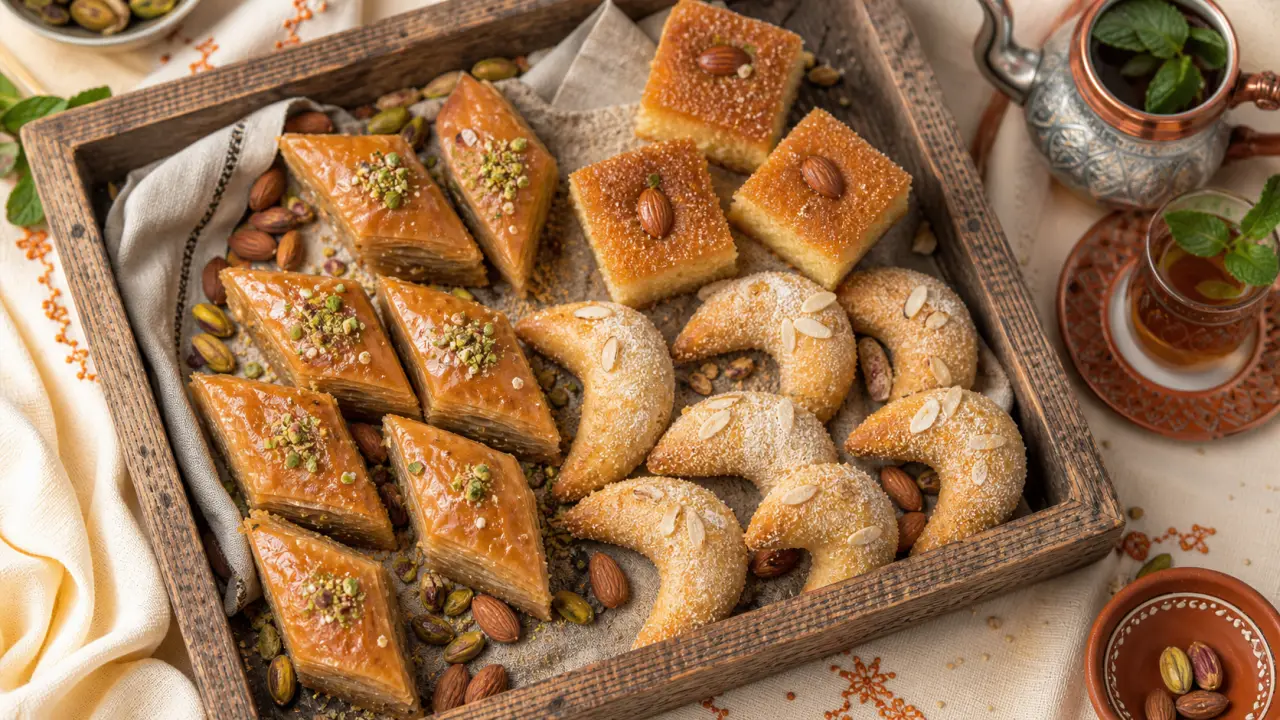 Gâteau oriental : baklawa, makrout et basboussa, plateau aux amandes et pistaches