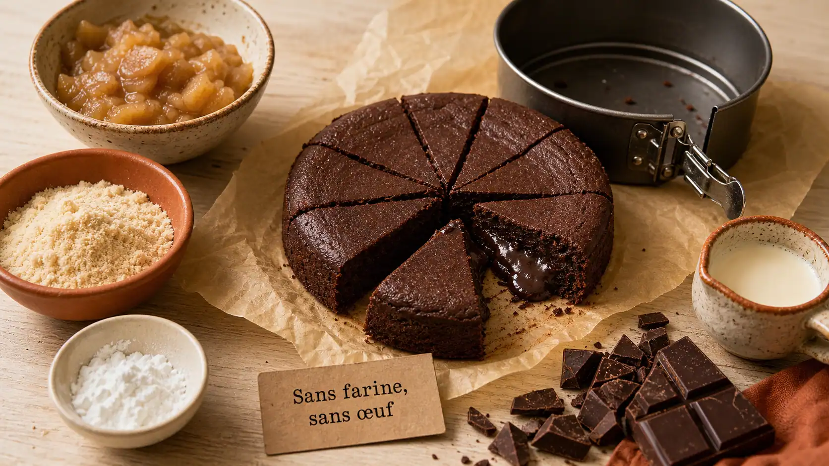 Gâteaux sans farine et sans œuf moelleux au chocolat, compote et poudre d’amande