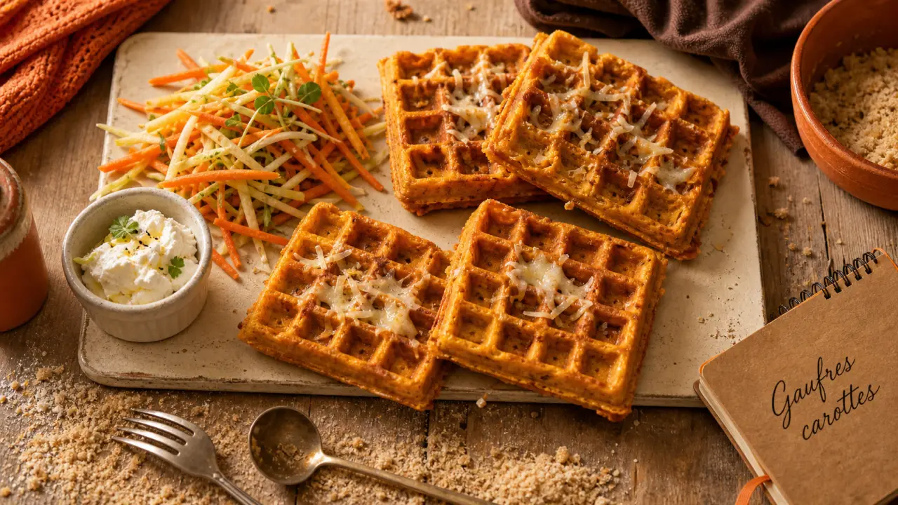 Gaufres aux carottes croustillantes et moelleuses, sur planche en bois