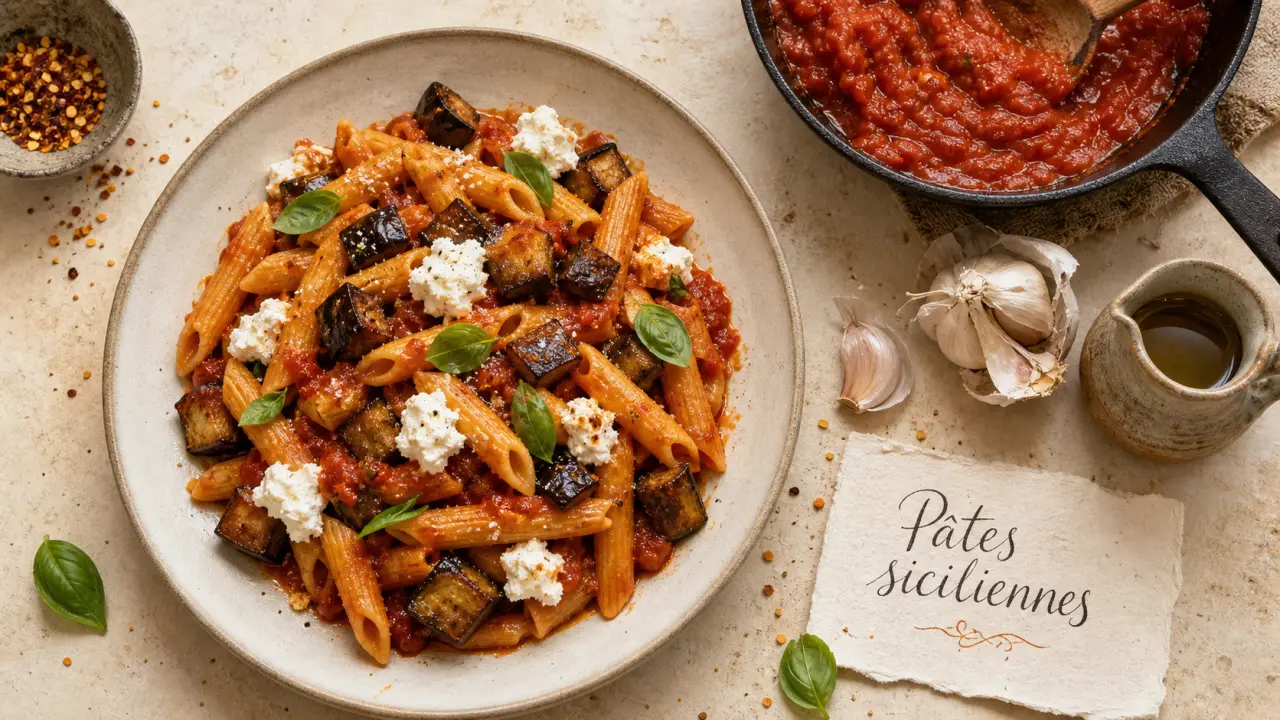 Pate a la sicilienne : aubergines fondantes et sauce tomate