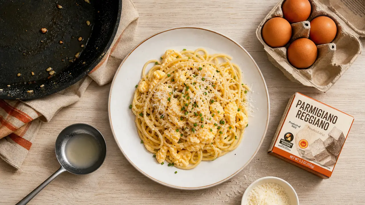 pate aux oeuf recette : pâtes aux œufs brouillés crémeux au parmesan