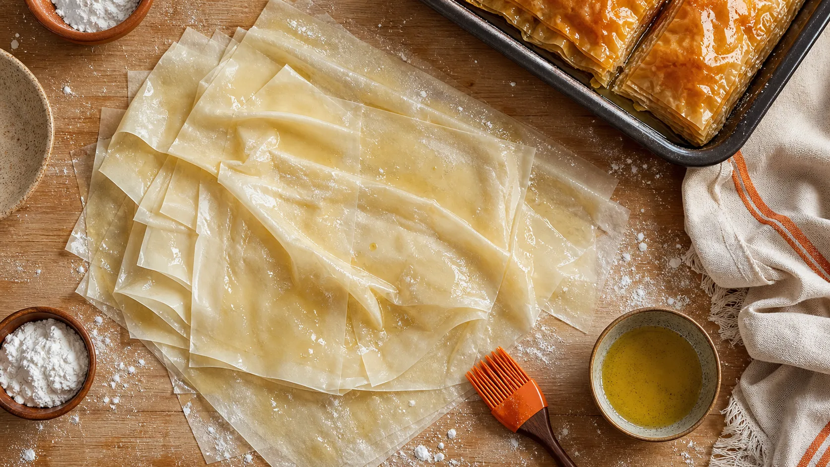 Pâte filo : feuilles ultrafines badigeonnées pour feuilleté croustillant