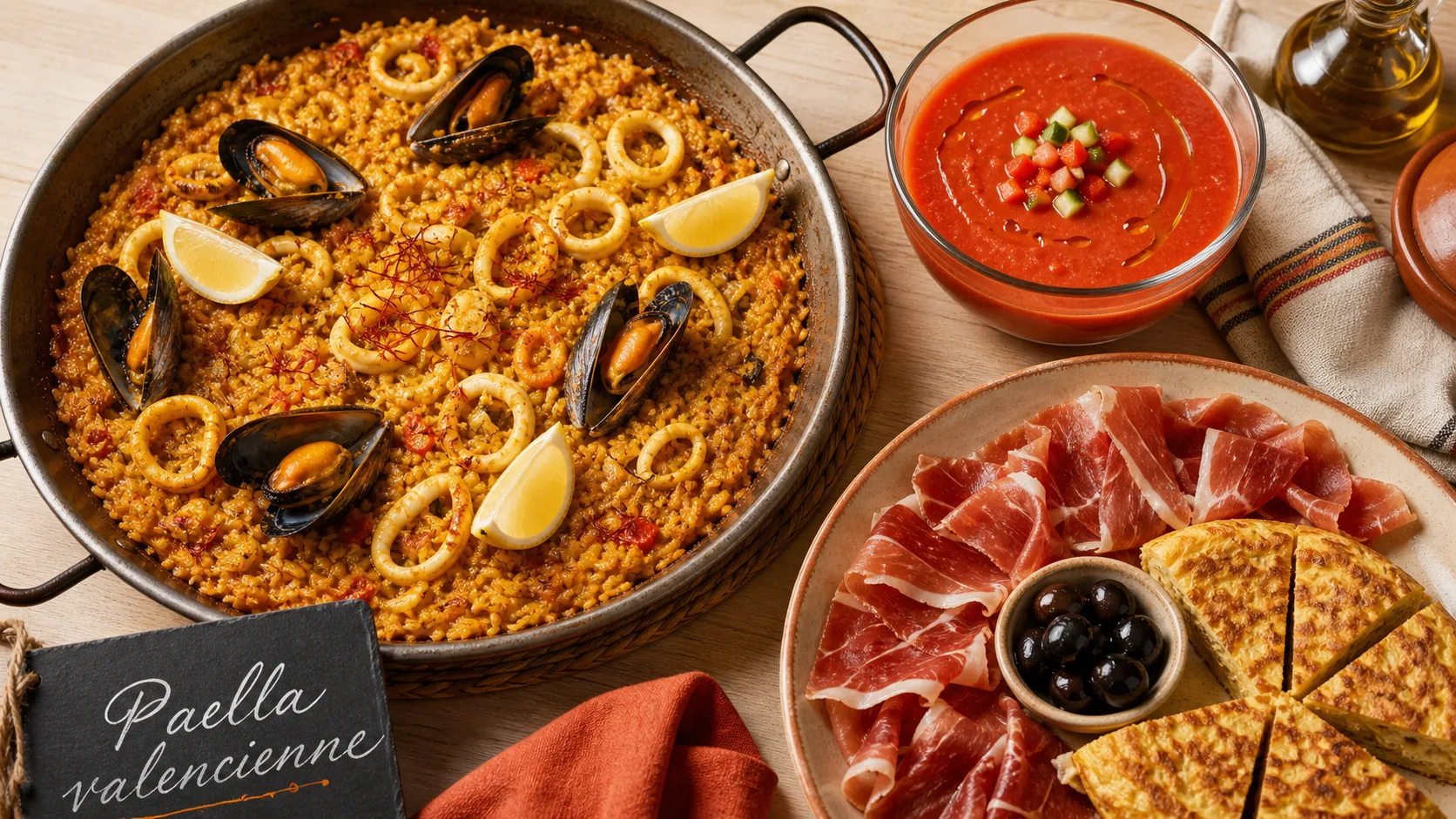 Plats espagnols : paella valencienne, tapas et gazpacho sur table