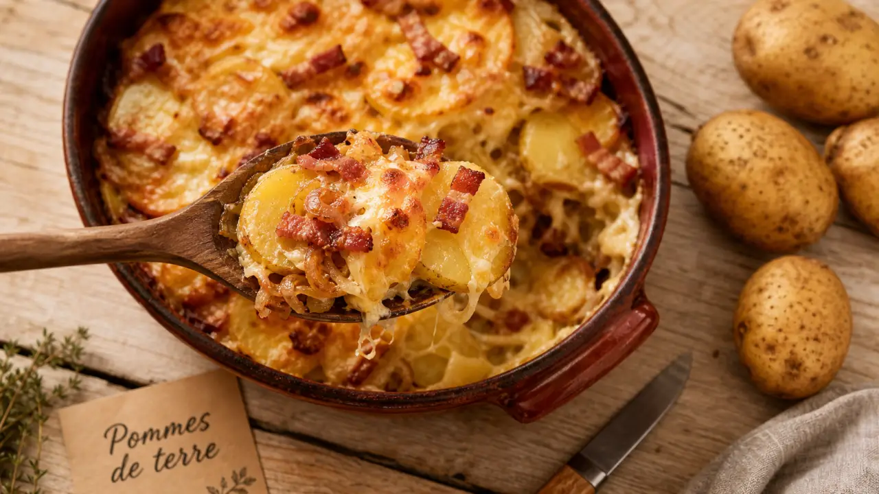 Pomme de terre pour tartiflette : rondelles dorées, reblochon fondu et lardons