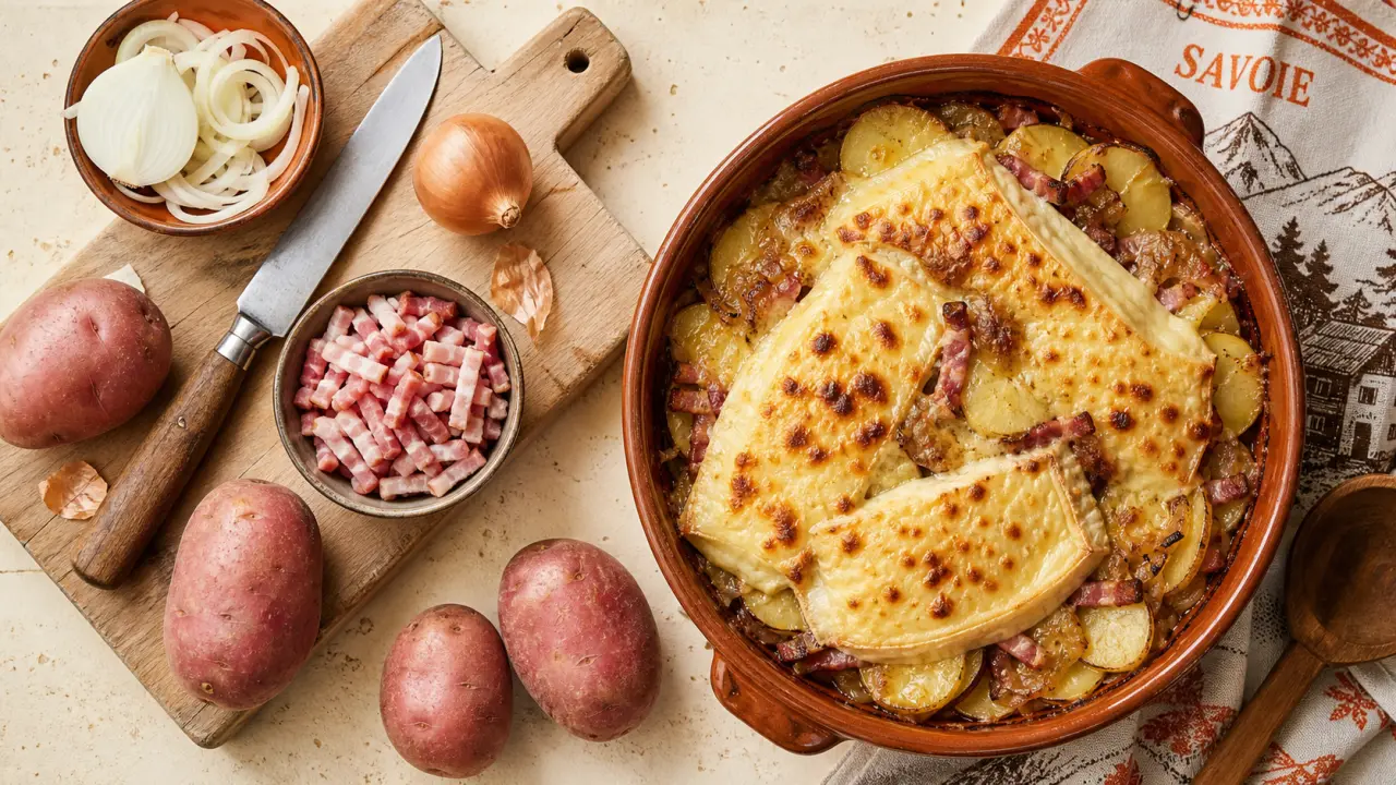 Pomme de terre pour tartiflette : rondelles, lardons et reblochon gratiné